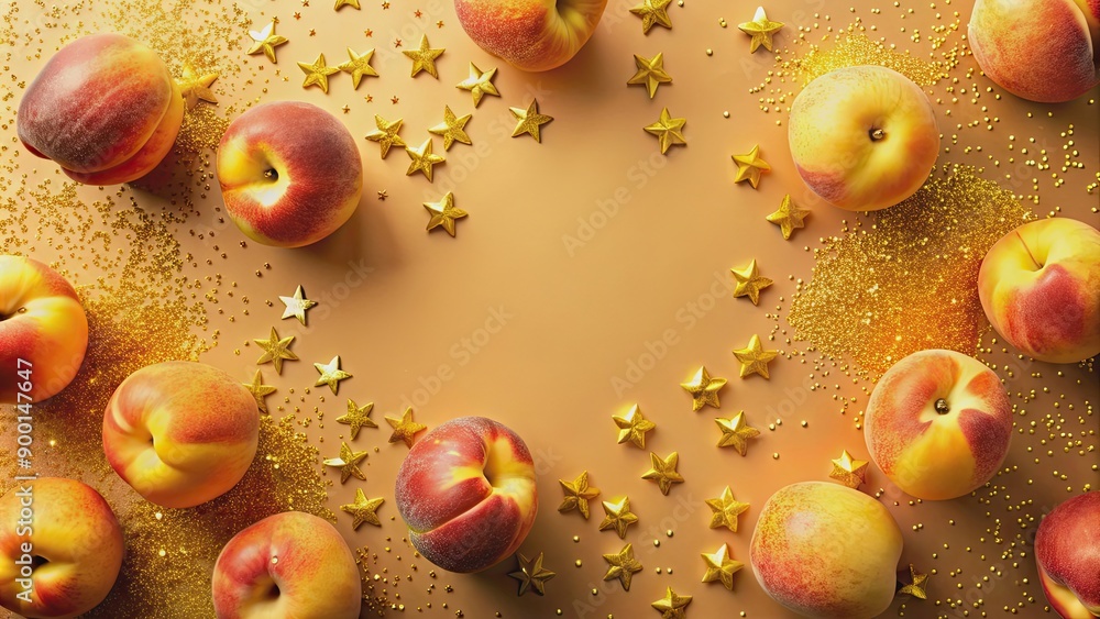 Wall mural Summer peaches flatlay background with sprinkles gold and shiny stars, summer, peaches, flatlay, background, sprinkles, gold