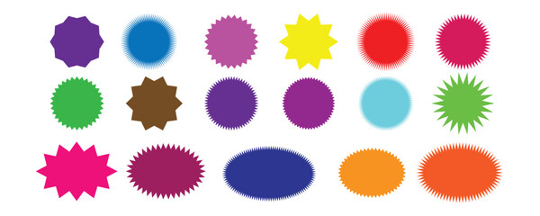 Set of colorful Star burst sticker vector set. rectangle and square, oval and circle shapes with wavy edges. starburst flower sale badge. tags or labels. Vector flat illustration.