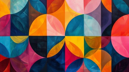 Colorful geometric pattern featuring overlapping circles and triangles in bright hues