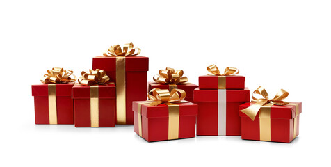 Obraz premium Christmas gifts in row, red and golden, isolated