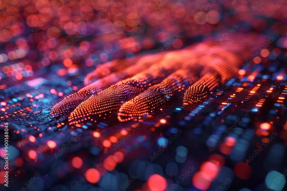 Poster red digital nodes: close up of red digital nodes in a cyber setting highlighting connectivity and te