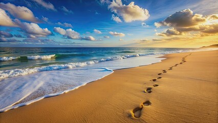 Sandy beach with fresh footprints leading into the ocean waves, beach, footprints, sand, ocean, waves, shoreline, summer
