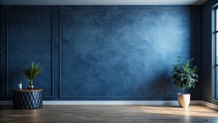 A moody, dark blue wall with subtle texture and slight gradient effect, creating a sense of mystery and calmness in a minimalist interior setting.
