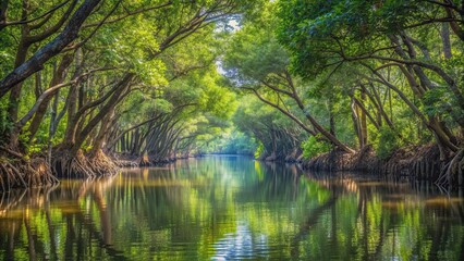 Close-up shot of a shady natural canal lined with lush trees and mangrove forests, with a cool breeze blowing through