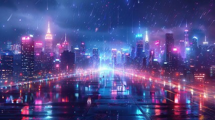 Neon Cityscape Illustration - Rainy Night with Lights and Reflections