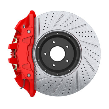 Car Brake Disc and Red Caliper Isolated