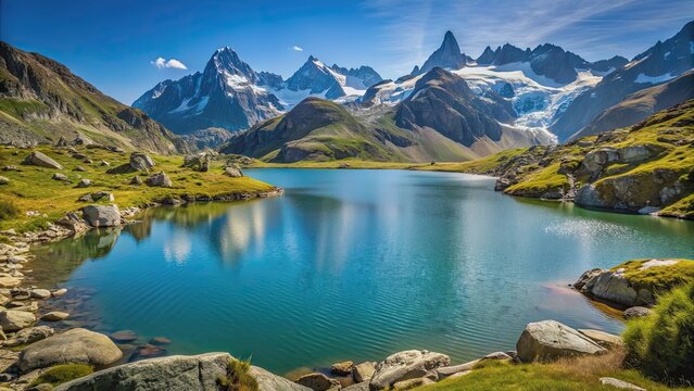 Scenic view of Parc national des ?crins with Lac du Pontet in foreground, national park, Ecrins, France, mountain