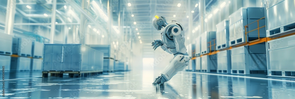 Poster Humanoid robot in a dynamic pose in a bright, high-tech facility. Advanced robotics and AI in a futuristic industrial environment.