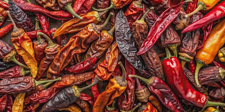 Assortment of Mexican dried chili peppers including Chile Morita, Chipotle, and Pasilla , Mexican cuisine, food photography