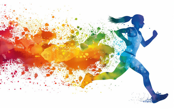 Vibrant Runner Poised at the Start Line: A Colorful Silhouette against a White Background, Ideal for Dynamic Sports Designs and Motivational Graphics.