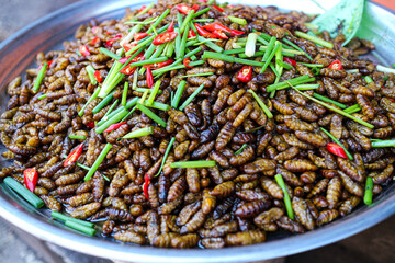 A close-up image of a plate of fried insects, a popular and nutritious snack in many parts of Asia. Fried Insects on a Plate background.