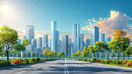 Cityscape with Road and Trees 3D Illustration