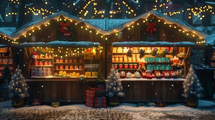 Fototapeta premium 3D Christmas market stalls with twinkling fairy lights and festive goods