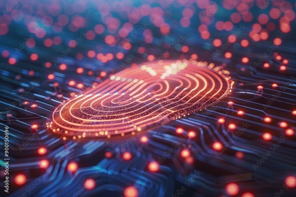 Poster high tech fingerprint scan with glowing red and orange digital circuitry