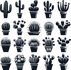 Cactus Set Silhouette Elegant Vector Illustration On Isolated White Background