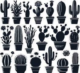 Cactus Set Silhouette Elegant Vector Illustration On Isolated White Background