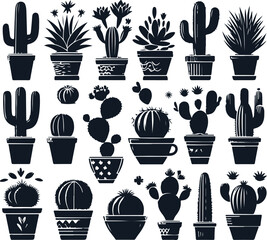 Cactus Set Silhouette Elegant Vector Illustration On Isolated White Background