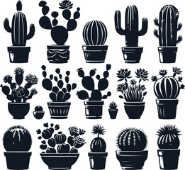 Cactus Set Silhouette Elegant Vector Illustration On Isolated White Background