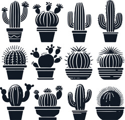 Cactus Set Silhouette Elegant Vector Illustration On Isolated White Background
