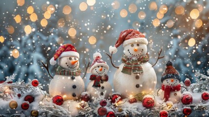 Obraz premium Snowman family in a snowy garden with holiday decorations