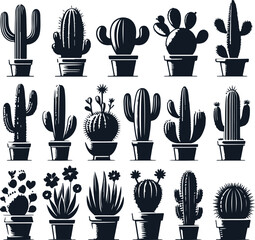 Cactus Set Silhouette Elegant Vector Illustration On Isolated White Background