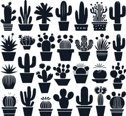 Cactus Set Silhouette Elegant Vector Illustration On Isolated White Background