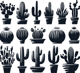 Cactus Set Silhouette Elegant Vector Illustration On Isolated White Background