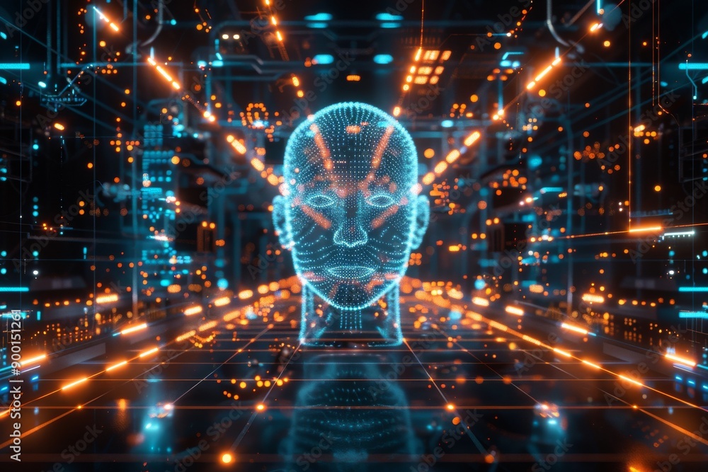 Poster abstract digital face with geometric patterns and dynamic lighting effects
