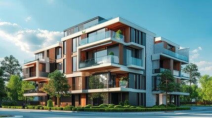 Fototapeta premium Modern Architecture Building Design with Glass Balconies and Landscaping - 3D Illustration