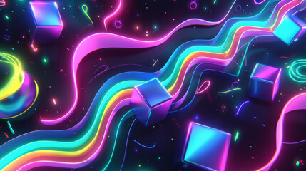 Obraz premium Colorful D rendering of glowing neon cubes and flowing ribbons with vibrant colors against a dark background