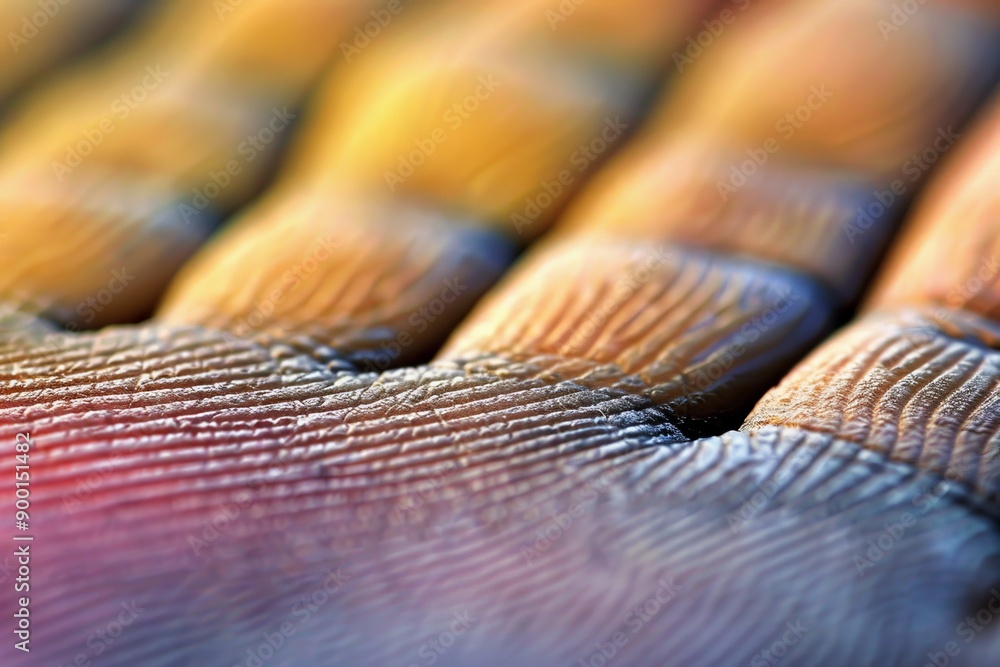 Poster detailed close up of skin texture with neon light patterns and tech elements