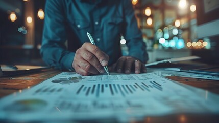 Late-Night Business Crunch: A focused entrepreneur pores over financial reports in a warmly lit cafe, highlighting the dedication and hustle of the modern business world. 