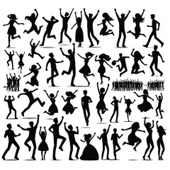 Black silhouettes of joyful people in a lively celebration in various poses