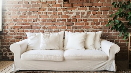 Naklejka premium White sofa with cushions near brick wall