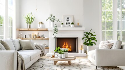 Cozy living room, fireplace background, 3D illustration