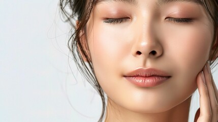 Obraz premium Serene Beauty: Young Asian woman with flawless skin and a peaceful expression, embodying natural beauty and tranquility. 