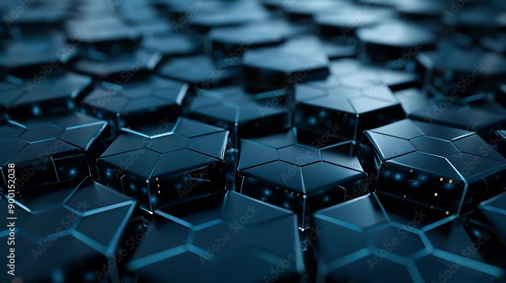 Poster abstract geometric pattern with hexagonal shapes in dark blue, creating a futuristic, technological,