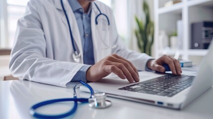 Doctor's Hands Typing on Laptop with Stethoscope in Foreground