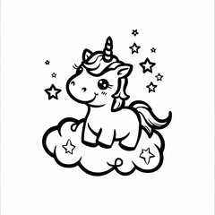 Cute Cartoon Unicorn Sitting on a Cloud with Stars. Coloring book line art design vector illustration.