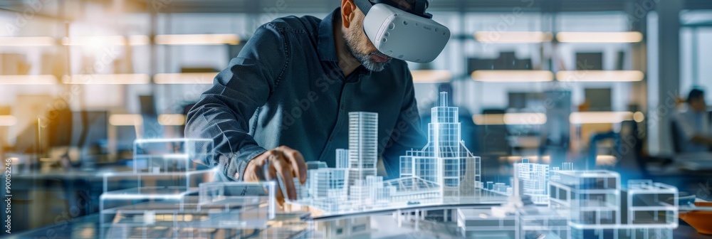 Poster Engineer using virtual reality headset to design a futuristic city model in a modern office. Innovative technology in engineering and urban planning concepts.