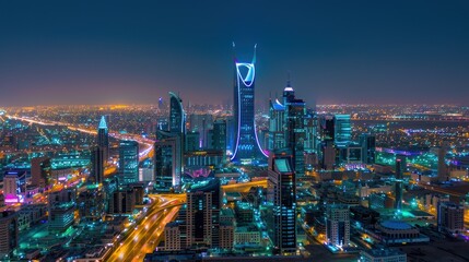 Illuminated Skyscrapers and Cityscape at Night