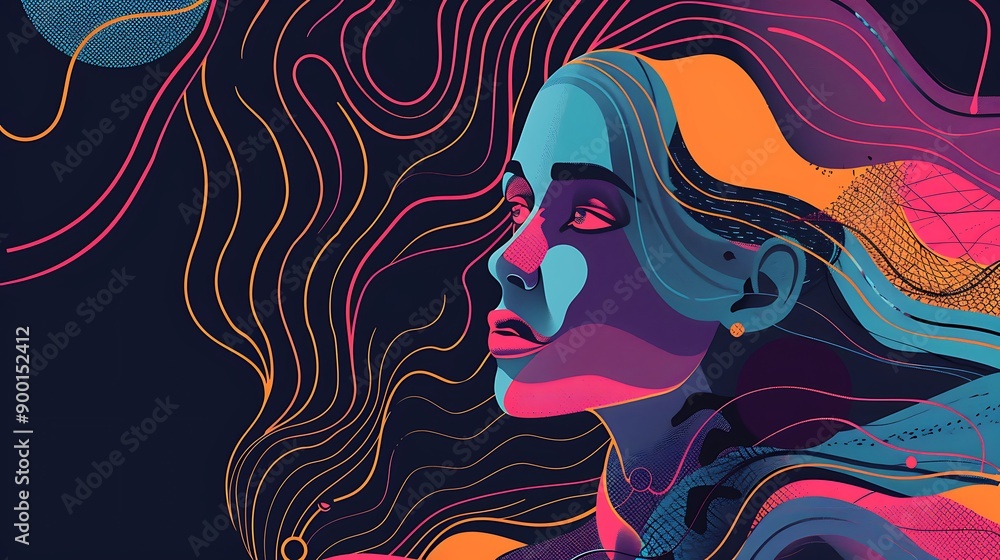 Poster stunning abstract portrait of a woman with vivid colors and swirling lines creating a mesmerizing vi