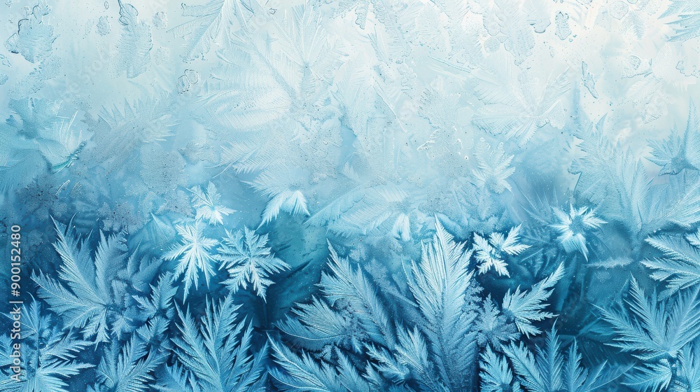 Poster delicate frost patterns on a blue window pane