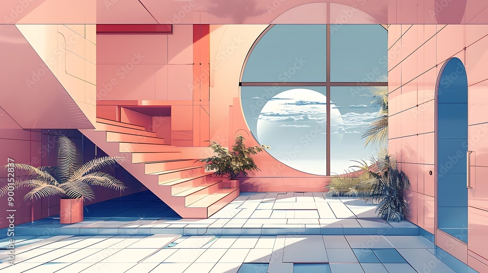 Poster minimalist pink interior design with a view of the sky and clouds through a large circular window. t