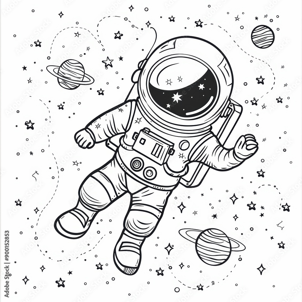 Poster an astronaut floating through space surrounded by stars and planets. coloring book line art design v