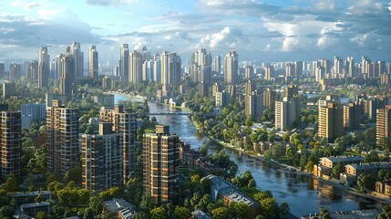 Obraz premium 3D Cityscape Illustration with River, Buildings, and Trees