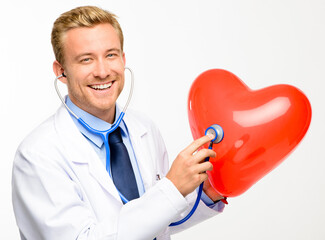 Portrait, man or doctor with stethoscope on heart in studio with smile, care icon or advice on cholesterol. Healthcare, support or happy medical professional with cardiology emoji on white background