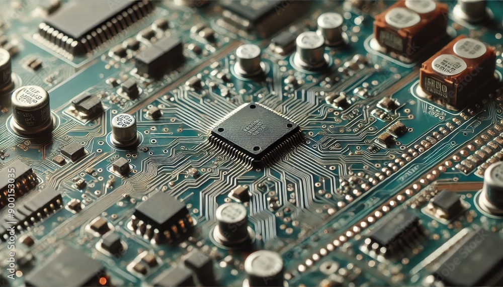 Aufkleber close-up of a circuit board with integrated circuit chip and components.
