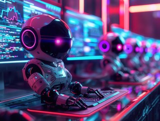 Obraz premium The AI chatbots engaged in conversation on computer monitors, vibrant neon backdrop Futuristic design with holographic elements, showcasing generative AI functionality