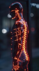 Neon line art in 3D, depicting back pain in a human figure Bright neon lines tracing the spine, with red highlights showing pain points Front view, dark backdrop enhancing the glow